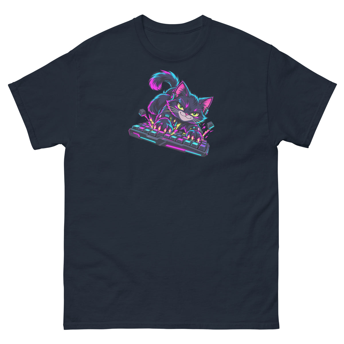 Digital mockup: front view of a navy T-shirt with a neon cyber cat striking a mechanical keyboard.