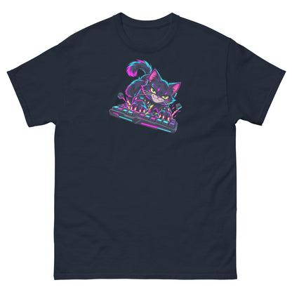 Digital mockup: front view of a navy T-shirt with a neon cyber cat striking a mechanical keyboard.