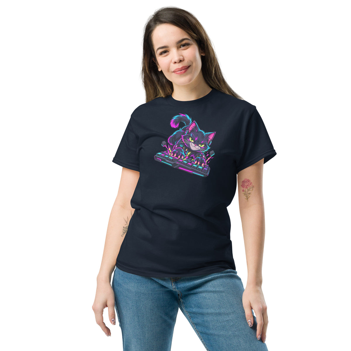 Digital mockup: adult woman wearing the navy Keyboard Kitty neon gamer T-shirt.