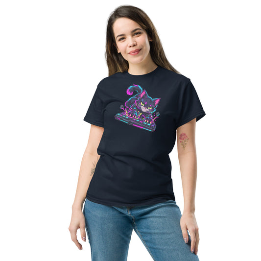 Digital mockup: adult woman wearing the navy Keyboard Kitty neon gamer T-shirt.