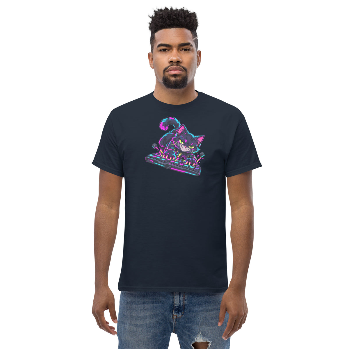 Digital mockup: adult man wearing the navy Keyboard Kitty neon gamer T-shirt.