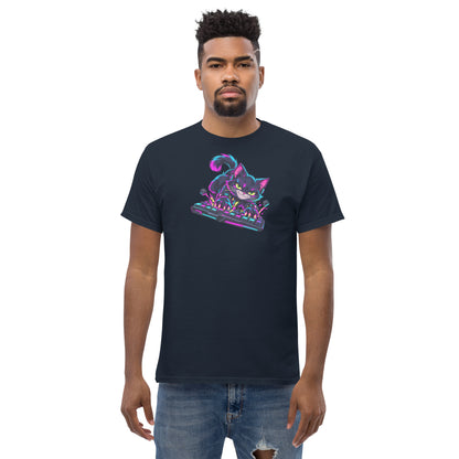 Digital mockup: adult man wearing the navy Keyboard Kitty neon gamer T-shirt.