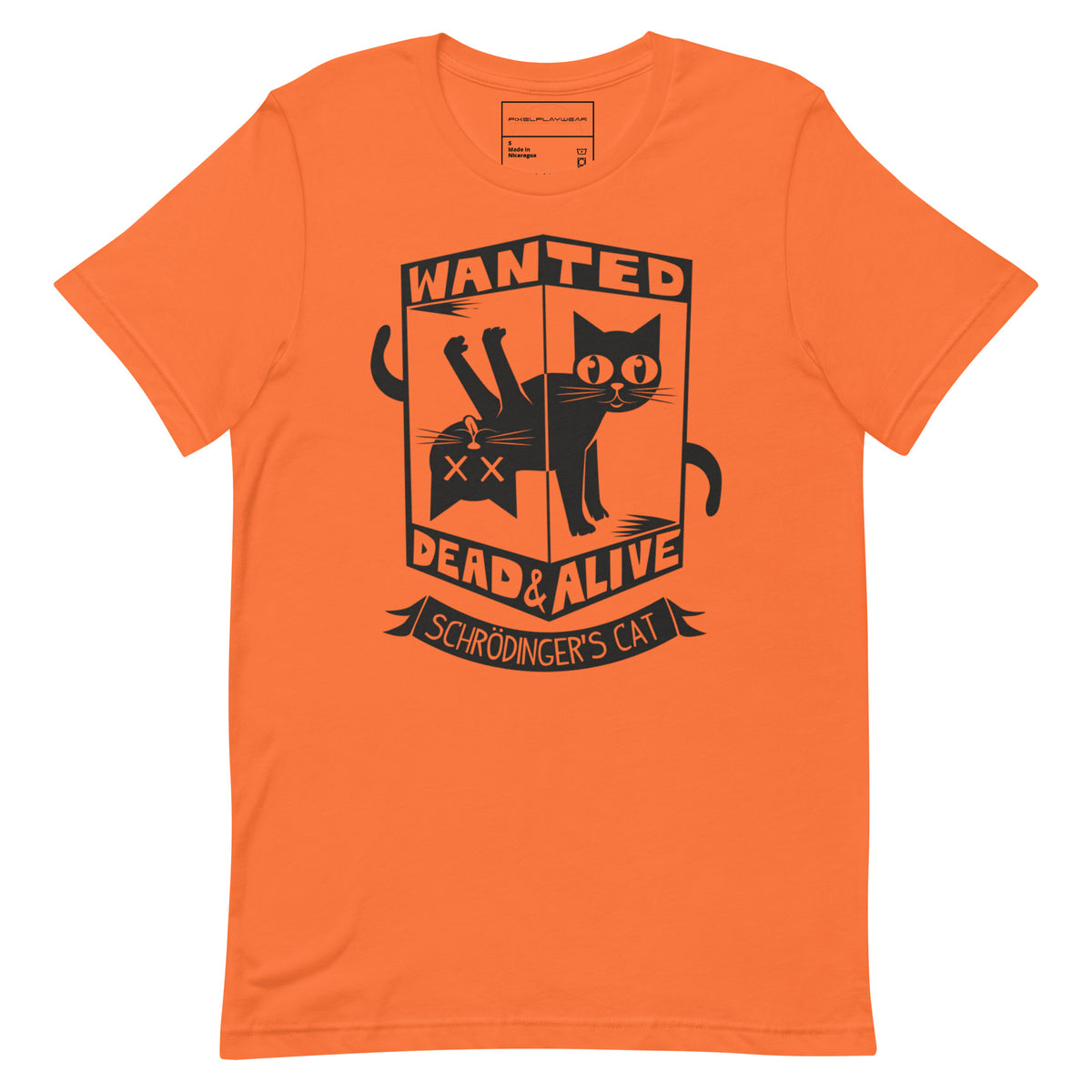 Digital flat-lay mockup of an orange T-shirt with a black Wanted: Dead & Alive Schrodinger cat graphic.